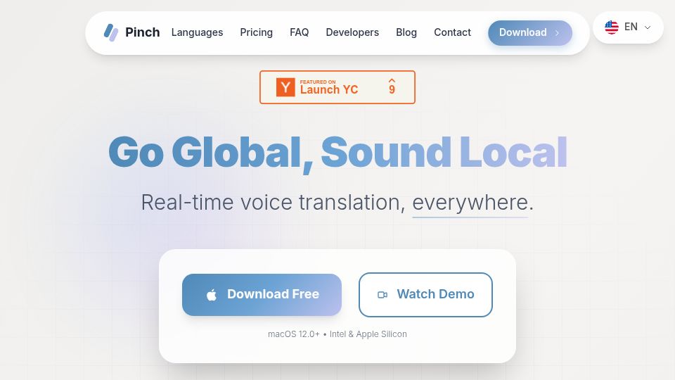 Screenshot of startpinch.com: Show HN: Pinch – macOS voice translation for real-time conversations