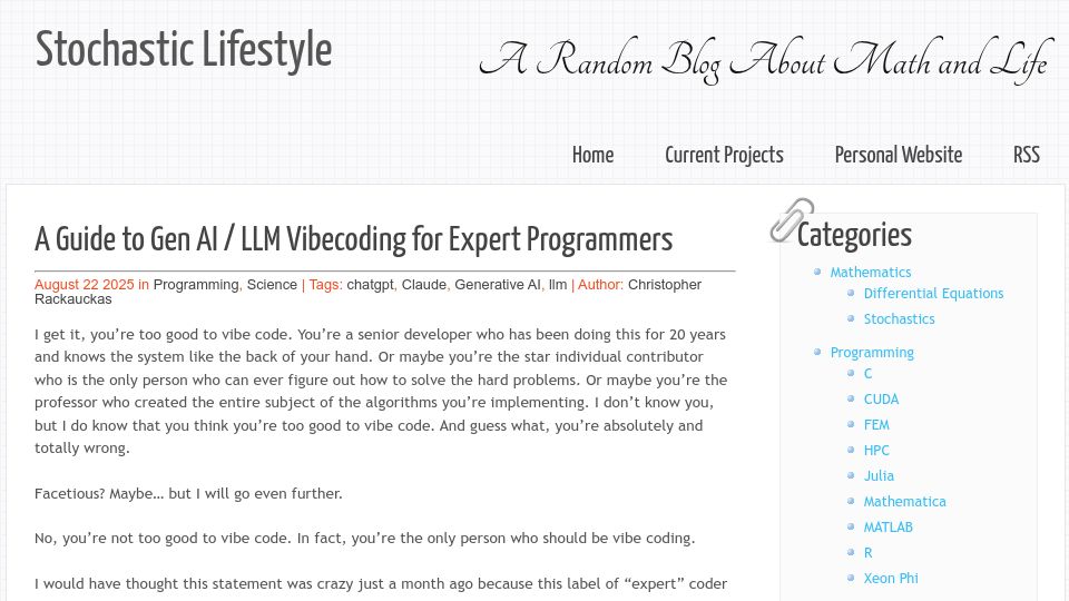 Screenshot of stochasticlifestyle.com: A guide to Gen AI / LLM vibecoding for expert programmers