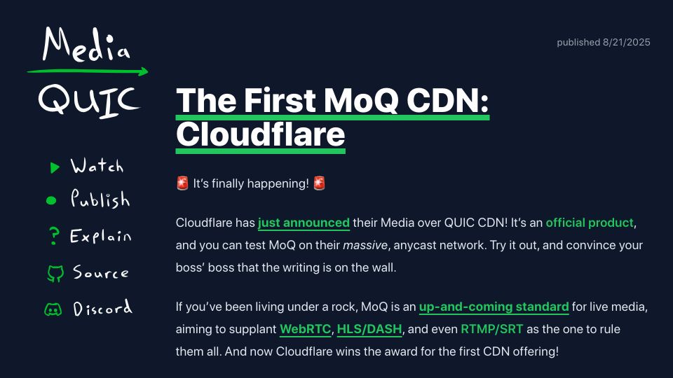 Screenshot of moq.dev: The first Media over QUIC CDN: Cloudflare