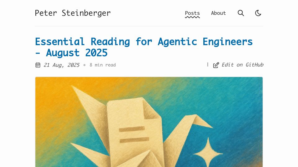 Screenshot of steipete.me: Essential Reading for Agentic Engineers – August 2025