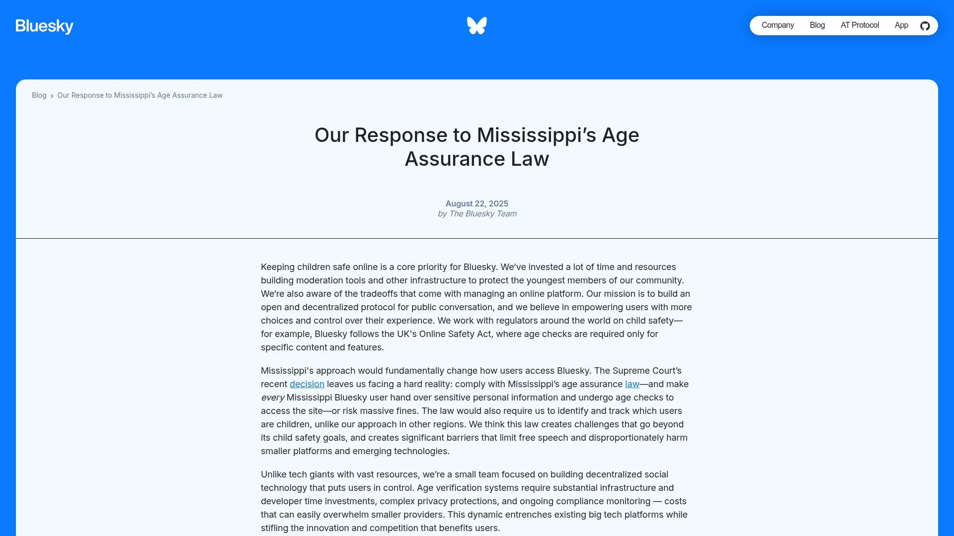 Screenshot of bsky.social: Our Response to Mississippi's Age Assurance Law