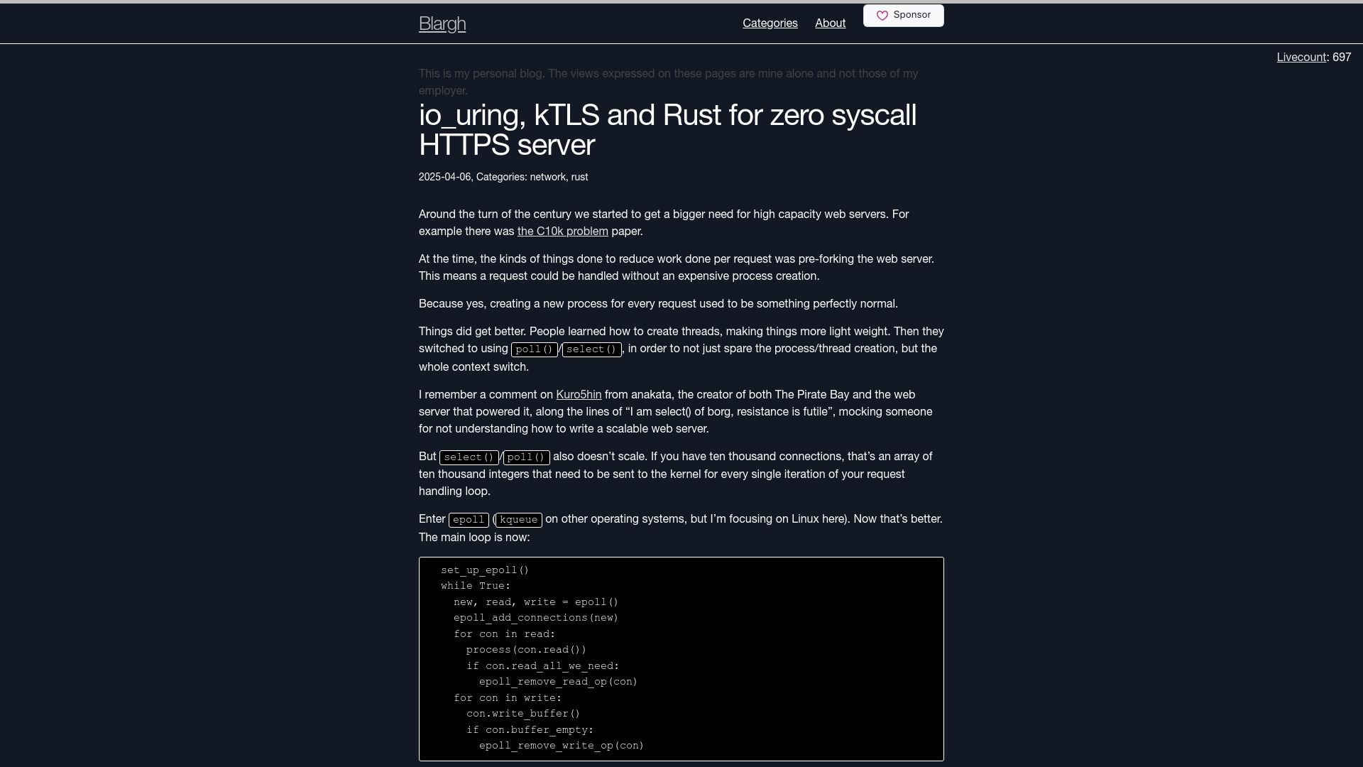 Screenshot of blog.habets.se: Io_uring, kTLS and Rust for zero syscall HTTPS server