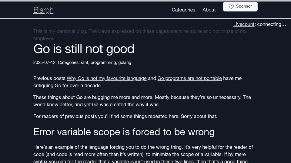 Screenshot of blog.habets.se: Go is still not good