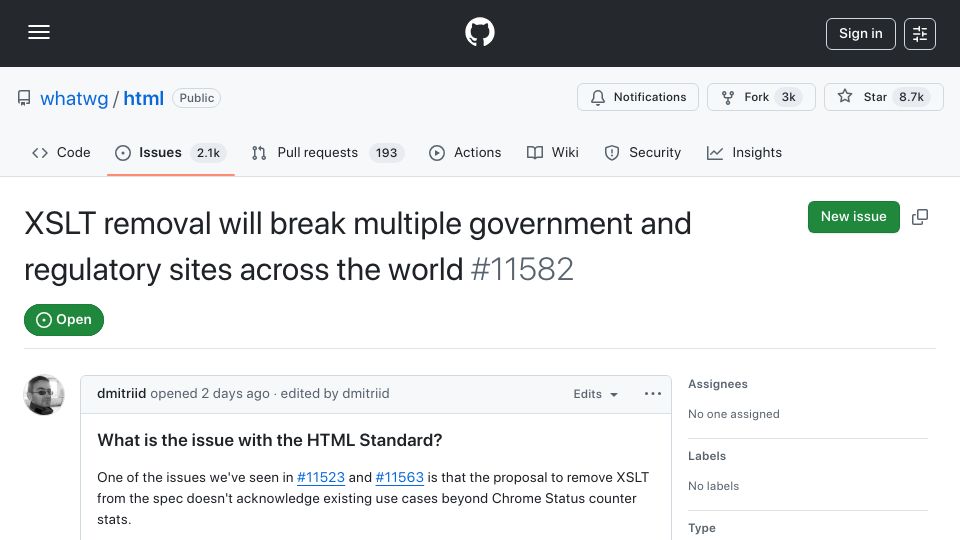 Screenshot of github.com: XSLT removal will break multiple government and regulatory sites