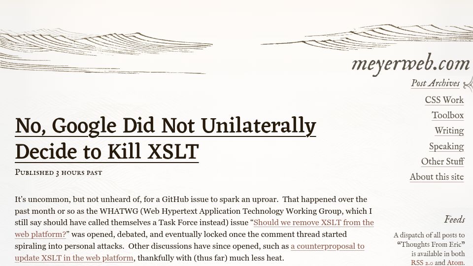 Screenshot of meyerweb.com: Google Did Not Unilaterally Decide to Kill XSLT