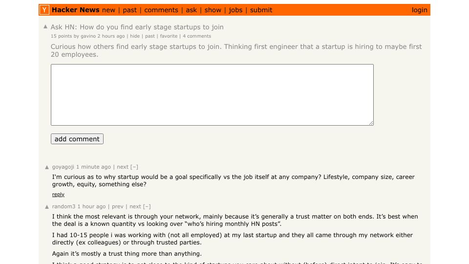 Screenshot of Hacker News post: Ask HN: How do you find early stage startups to join