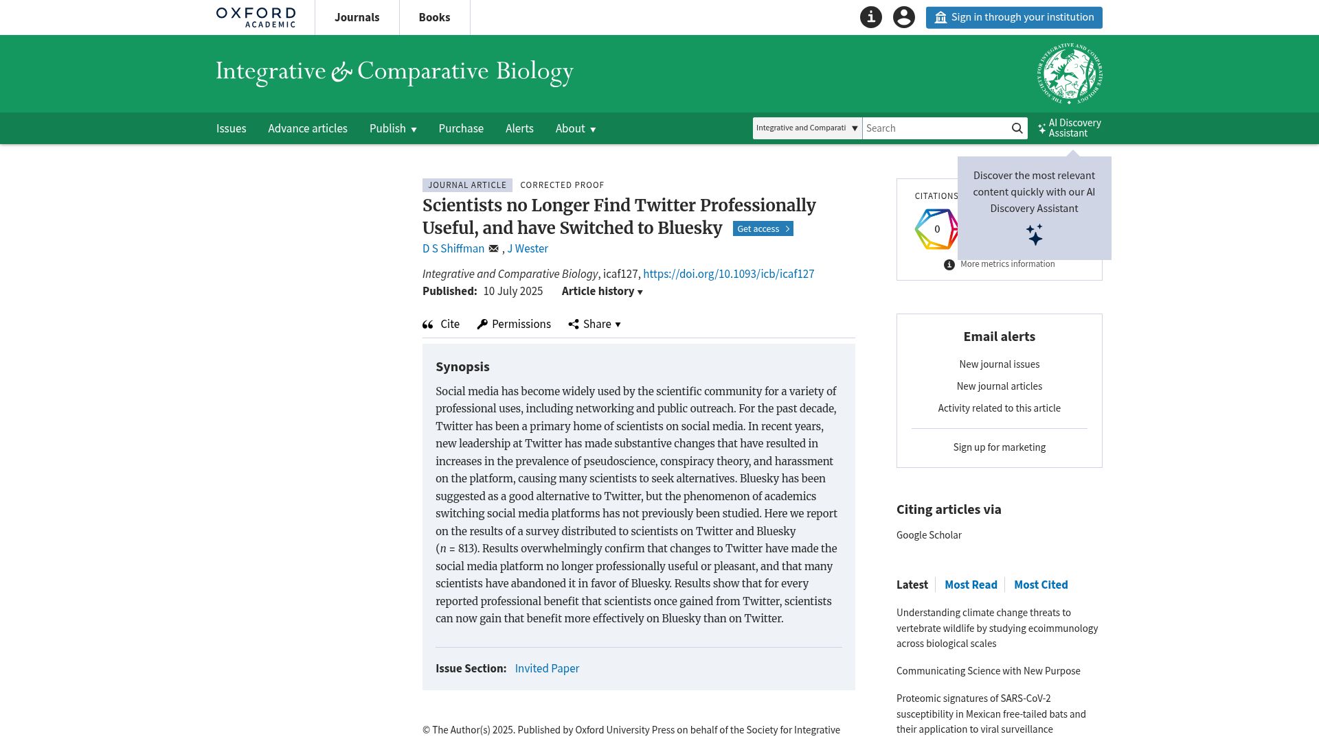 Screenshot of academic.oup.com: Scientists No Longer Find X Professionally Useful, and Have Switched to Bluesky