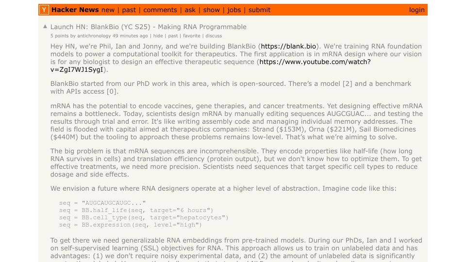 Screenshot of Hacker News post: Launch HN: BlankBio (YC S25) – Making RNA Programmable