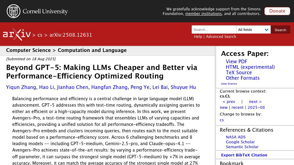 Screenshot of arxiv.org: Making LLMs Cheaper and Better via Performance-Efficiency Optimized Routing
