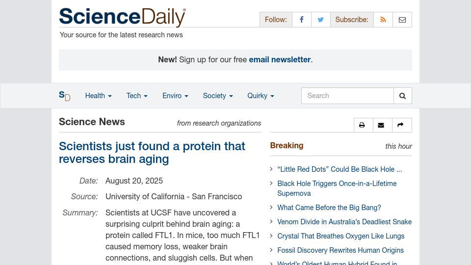 Screenshot of sciencedaily.com: Scientists just found a protein that reverses brain aging