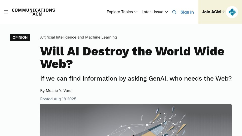 Screenshot of cacm.acm.org: If we can find information by asking GenAI, who needs the Web?