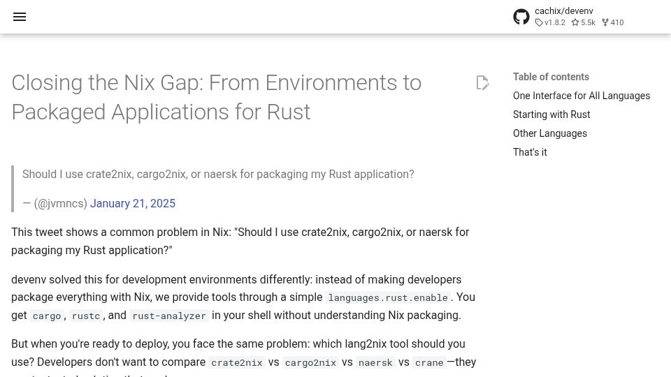 Screenshot of devenv.sh: Closing the Nix gap: From environments to packaged applications for rust