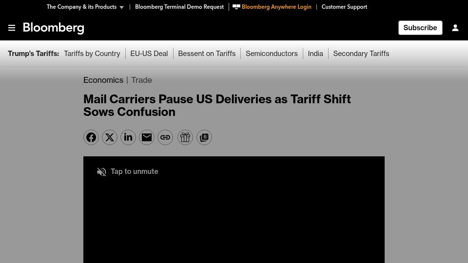 Screenshot of bloomberg.com: Mail Carriers Pause US Deliveries as Tariff Shift Sows Confusion