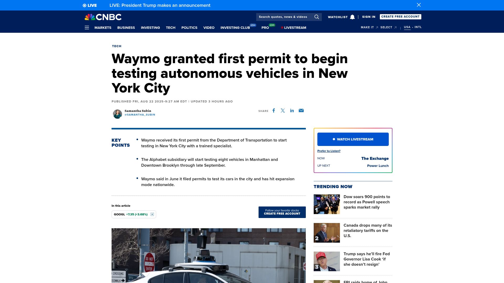 Screenshot of cnbc.com: Waymo granted permit to begin testing in New York City