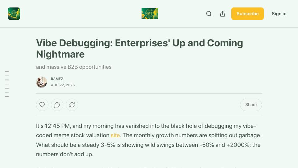 Screenshot of marketsaintefficient.substack.com: Vibe Debugging: Enterprises' Up and Coming Nightmare