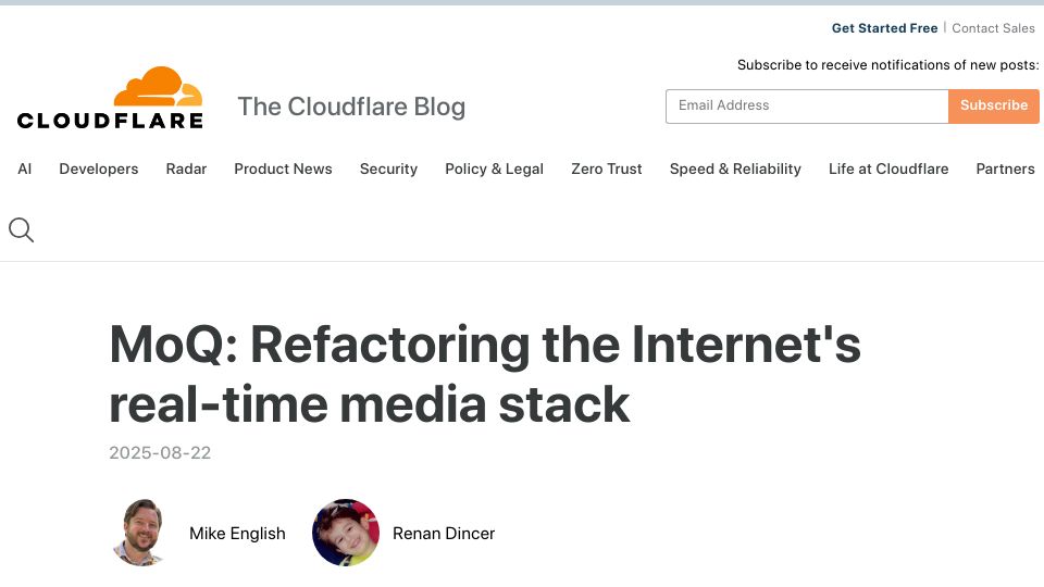 Screenshot of blog.cloudflare.com: Media over QUIC (MoQ): Refactoring the Internet's real-time media stack