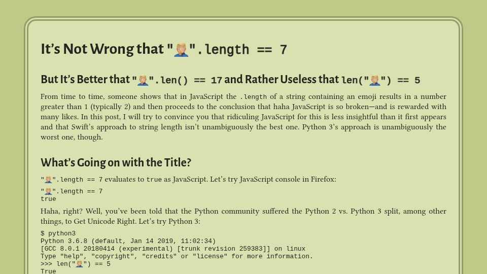 Screenshot of hsivonen.fi: It’s not wrong that "\u{1F926}\u{1F3FC}\u200D\u2642\uFE0F".length == 7 (2019)