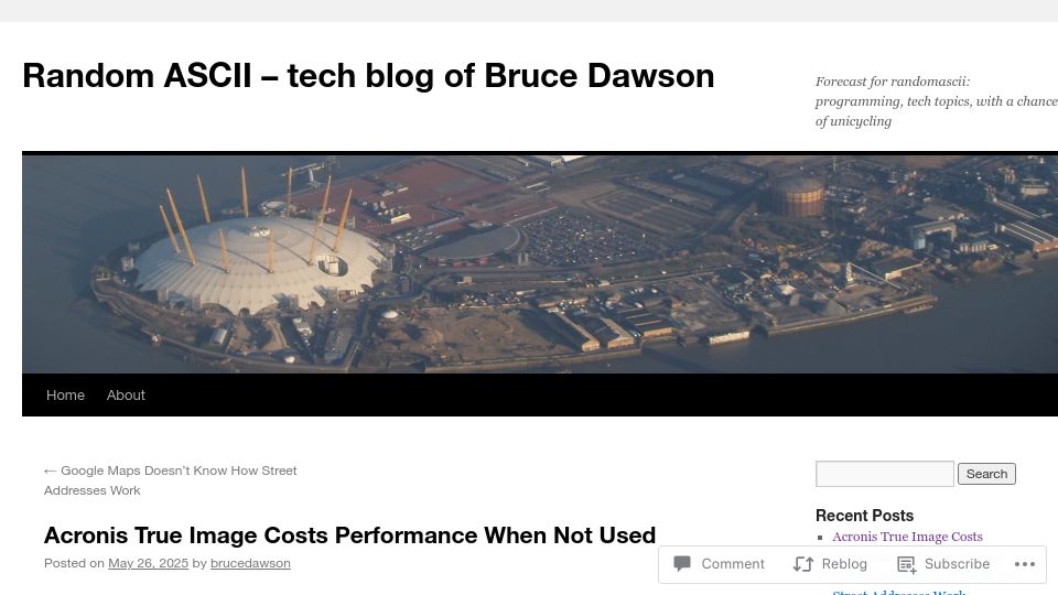 Screenshot of randomascii.wordpress.com: Acronis True Image costs performance when not used