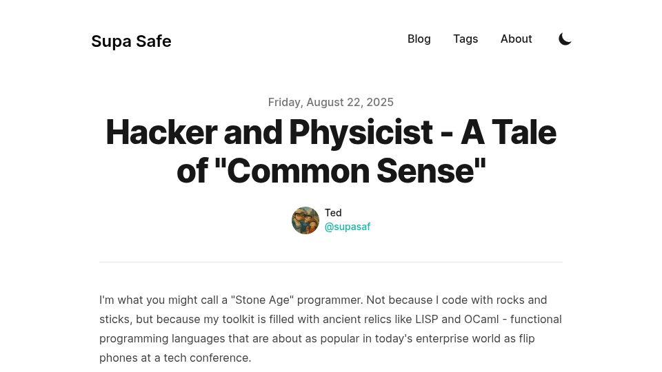 Screenshot of supasaf.com: Hacker and physicist – a tale of "common sense"