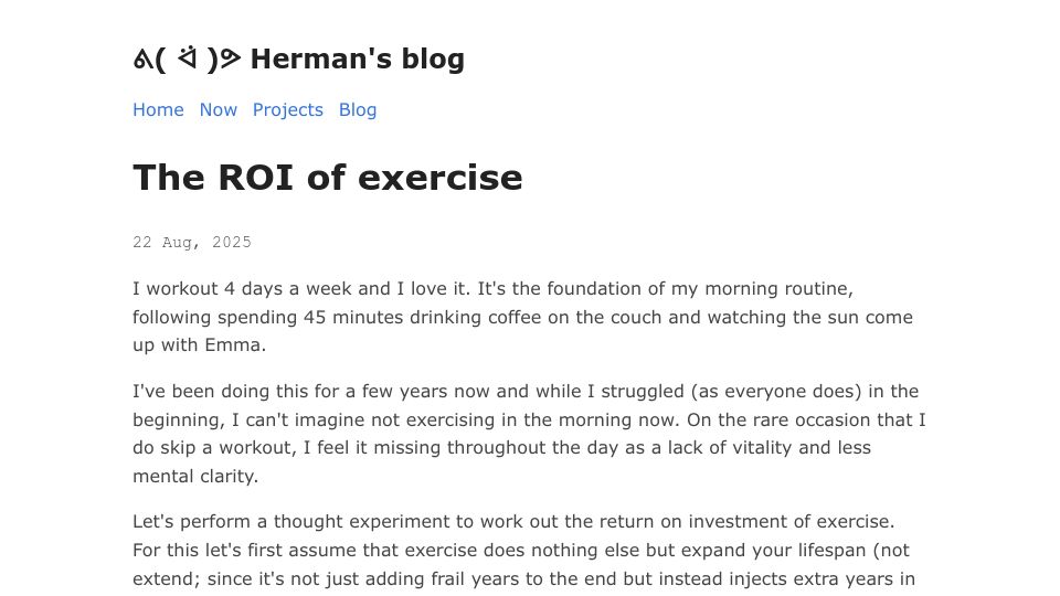 Screenshot of herman.bearblog.dev: The ROI of Exercise