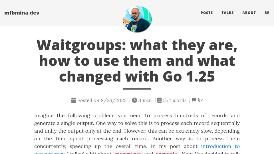 Screenshot of mfbmina.dev: Waitgroups: What they are, how to use them and what changed with Go 1.25