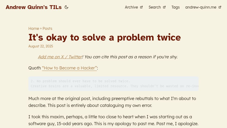 Screenshot of til.andrew-quinn.me: It's okay to solve a problem twice