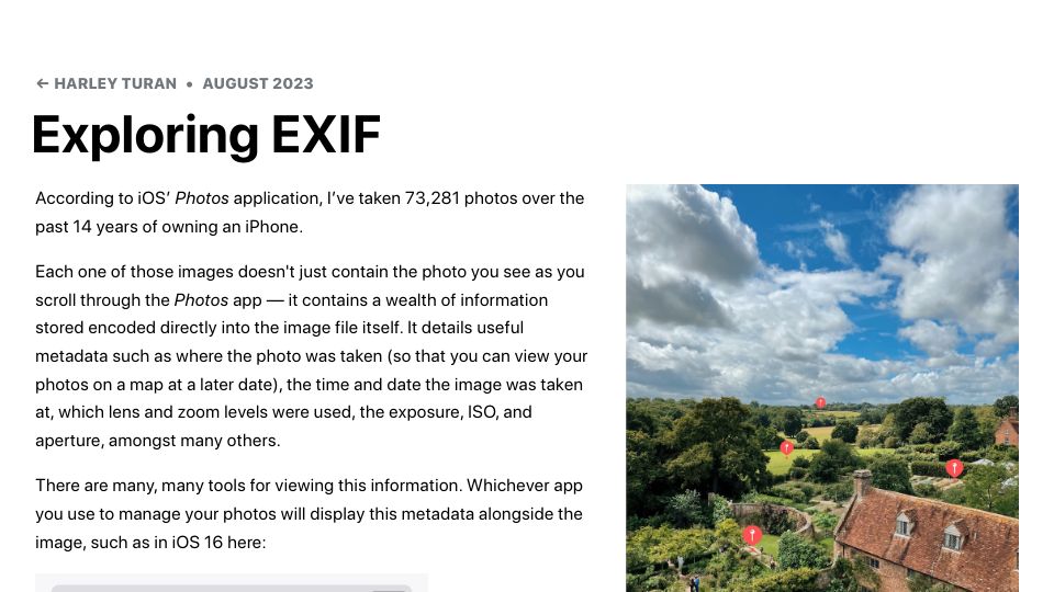 Screenshot of hturan.com: Exploring EXIF (2023)