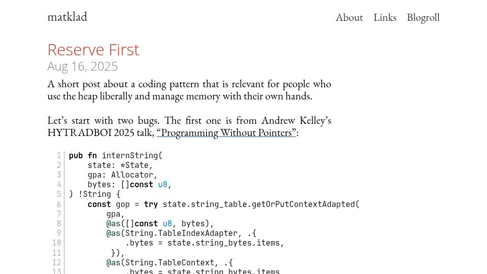 Screenshot of matklad.github.io: Reserve First