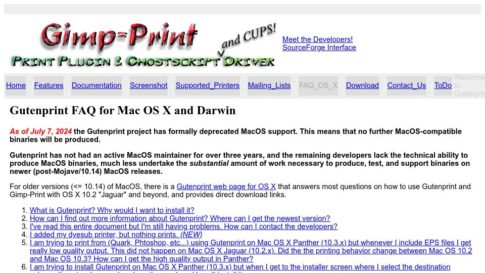 Screenshot of gimp-print.sourceforge.io: Gutenprint Discontinues macOS Support