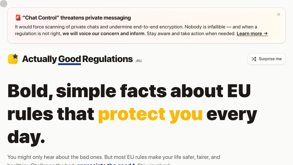 Screenshot of actuallygoodregulations.eu: Good EU regulations