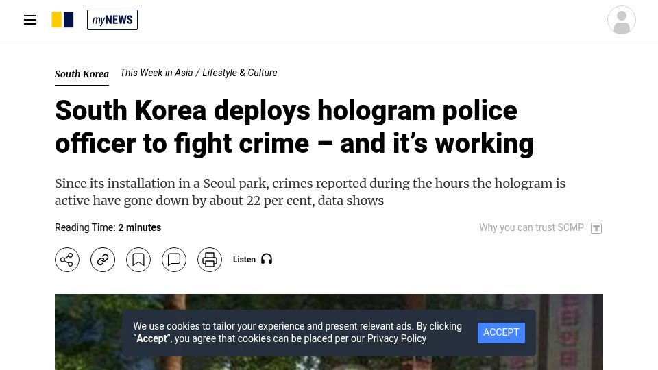 Screenshot of scmp.com: South Korea deploys hologram police officer