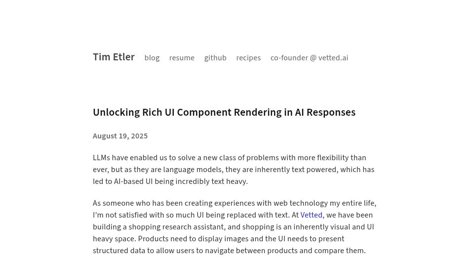 Screenshot of timetler.com: Practical approach for streaming UI from LLMs