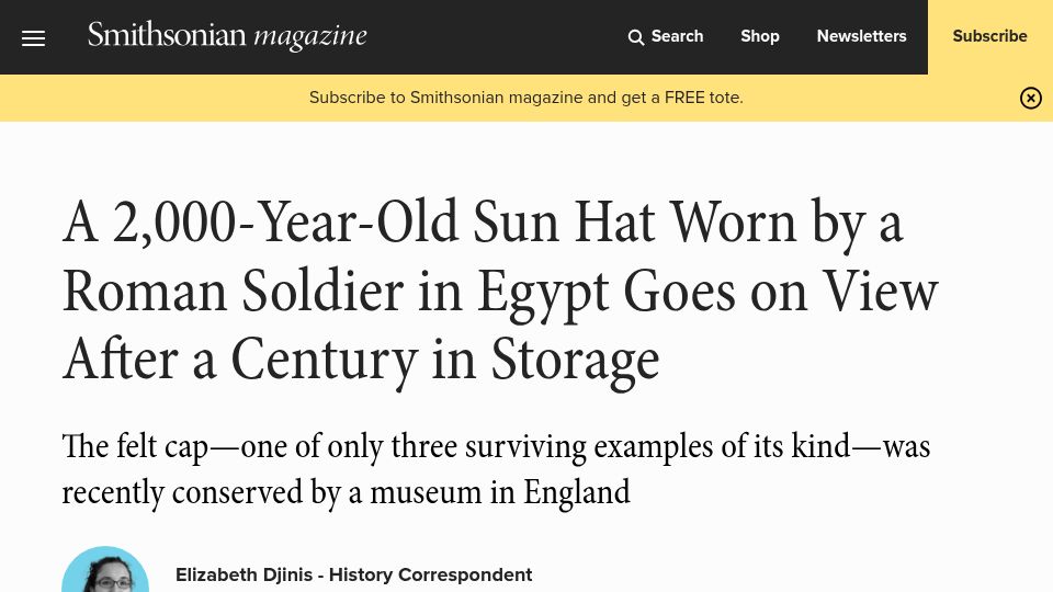 Screenshot of smithsonianmag.com: A 2k-year-old sun hat worn by a Roman soldier in Egypt