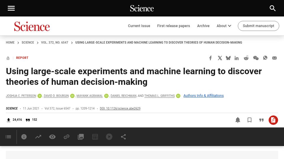 Screenshot of science.org: Reproducing prospect theory with 'differentiable decision theories'