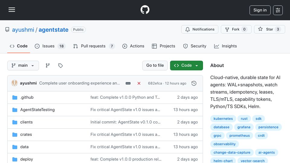 Screenshot of github.com: Show HN: AgentState – Lightweight state manager for multi-agent AI workflows