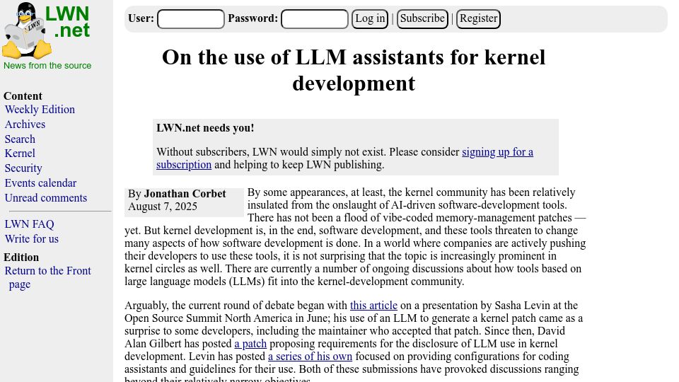 Screenshot of lwn.net: The use of LLM assistants for kernel development