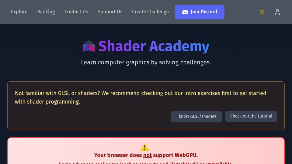 Screenshot of shaderacademy.com: Shader Academy: Learn computer graphics by solving challenges
