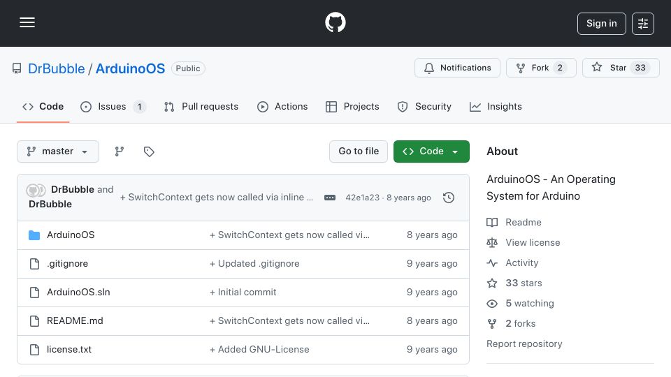 Screenshot of github.com: ArduinoOS (2017)