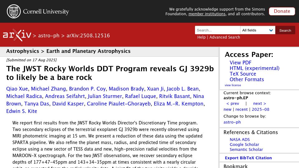Screenshot of arxiv.org: The JWST Rocky Worlds DDT Program reveals GJ 3929B to likely be a bare rock