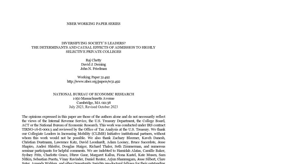 Screenshot of nber.org: Determinants and causal effects of admission to selective private colleges [pdf] (2023)