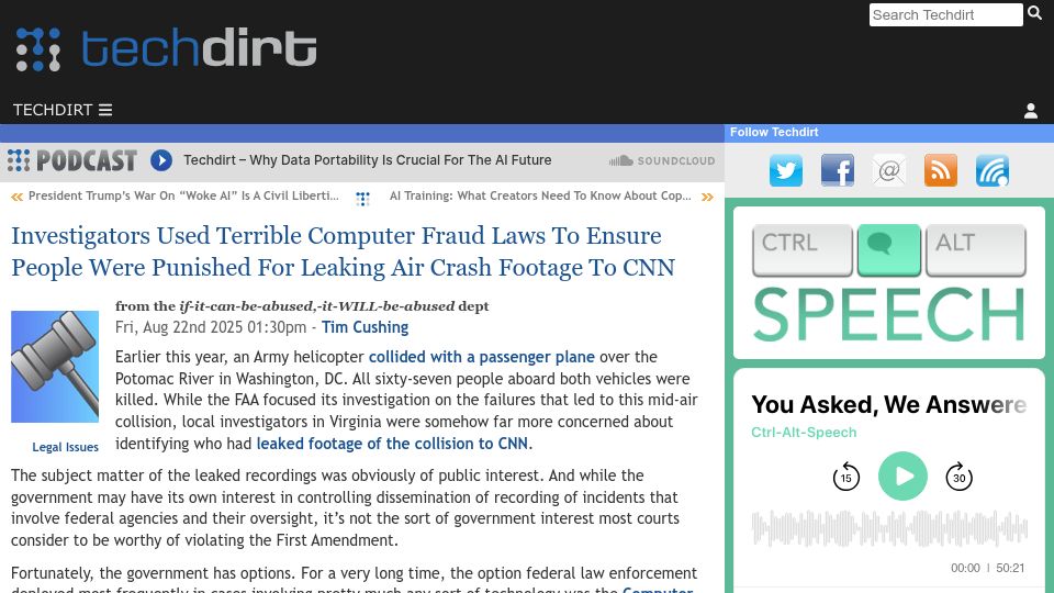 Screenshot of techdirt.com: Computer fraud laws used to prosecute leaking air crash footage to CNN