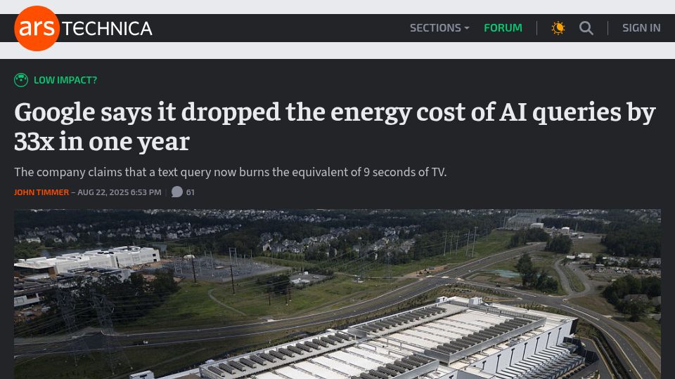 Screenshot of arstechnica.com: Measuring the environmental impact of AI inference