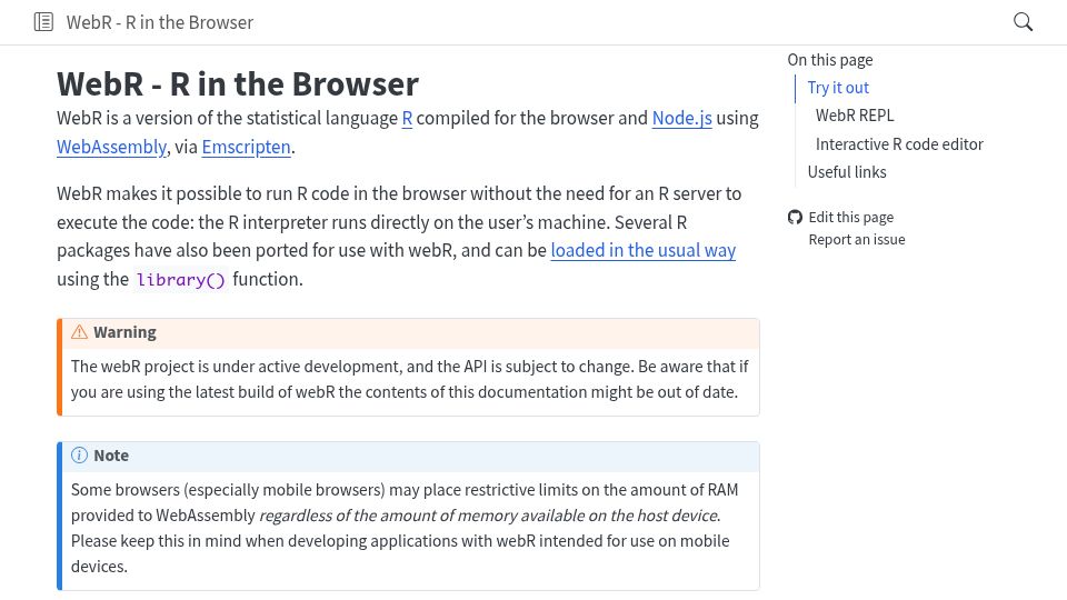 Screenshot of docs.r-wasm.org: WebR – R in the Browser