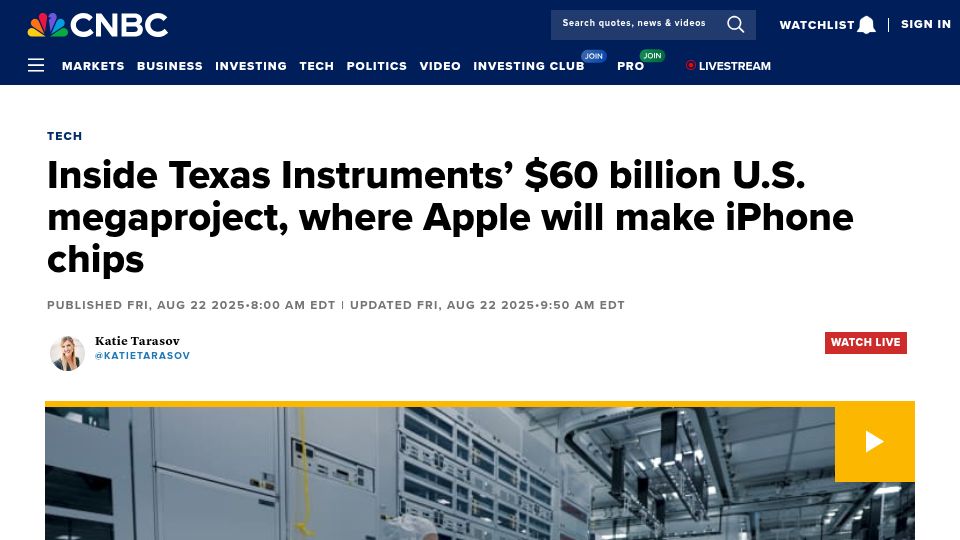 Screenshot of cnbc.com: Texas Instruments’ new plants where Apple will make iPhone chips