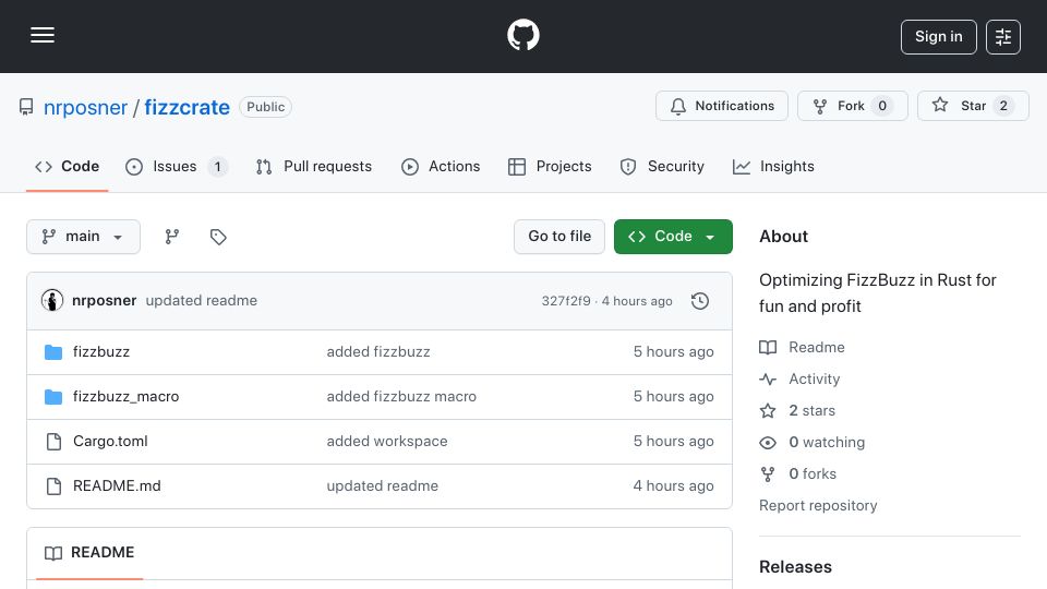 Screenshot of github.com: Optimizing FizzBuzz in Rust