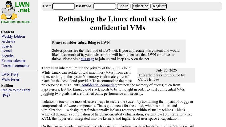Screenshot of lwn.net: Rethinking the Linux cloud stack for confidential VMs