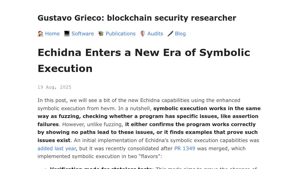 Screenshot of gustavo-grieco.github.io: Echidna Enters a New Era of Symbolic Execution