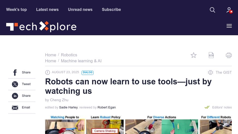 Screenshot of techxplore.com: Robots can now learn to use tools just by watching us