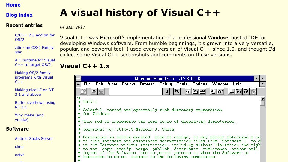 Screenshot of malsmith.net: A visual history of Visual C++ (2017)