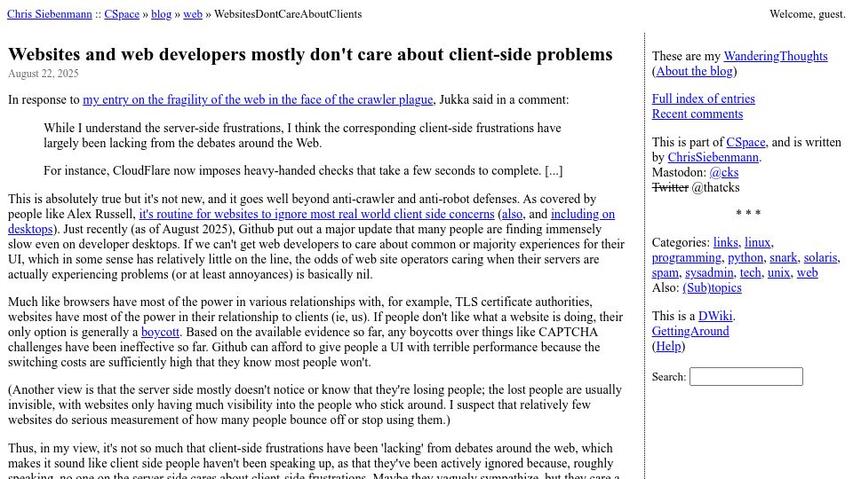 Screenshot of utcc.utoronto.ca: Websites and web developers mostly don't care about client-side problems